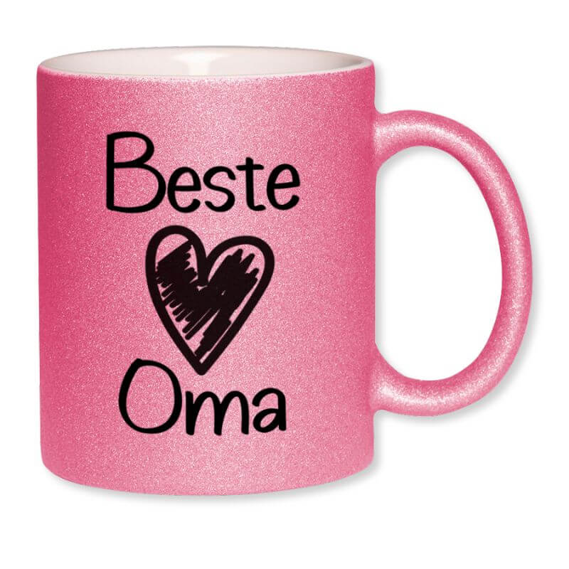 Pinke Glitzertasse mit dem Spruch "Beste Oma" und schwarzem Herzmotiv, glänzende Oberfläche mit Glitzereffekt.