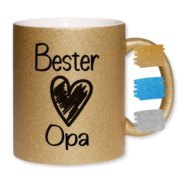Goldene Glitzertasse mit dem Aufdruck "Bester Opa" und schwarzem Herz, daneben Farbproben in gold, blau und silber.