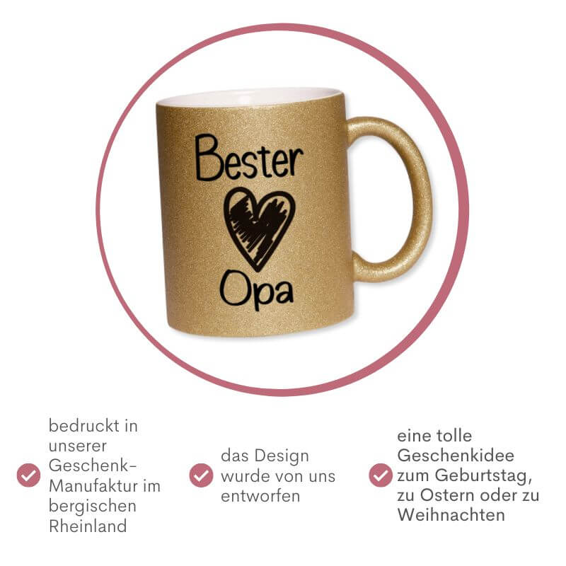 Goldene Glitzertasse mit dem Aufdruck "Bester Opa", vorgestellt als Geschenkidee zum Geburtstag, zu Ostern oder zu Weihnachten, bedruckt in der Geschenkemanufaktur im bergischen Rheinland.