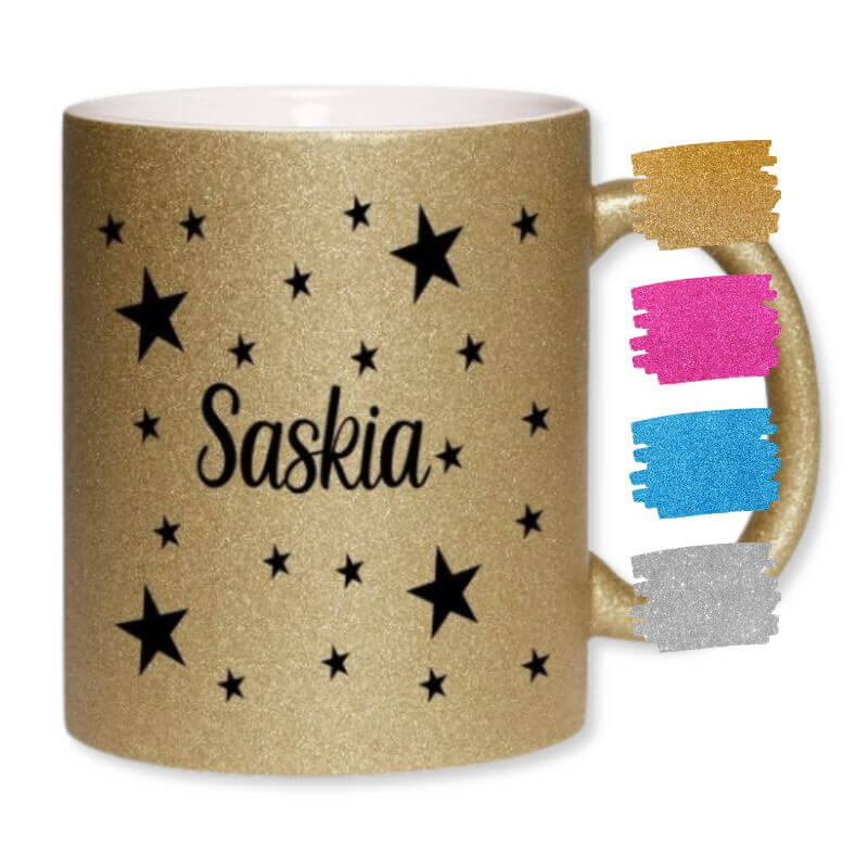 Goldene Glitzertasse mit schwarzen Sternen und Wunschnamen – daneben Farbmuster in gold, pink, blau und silber.