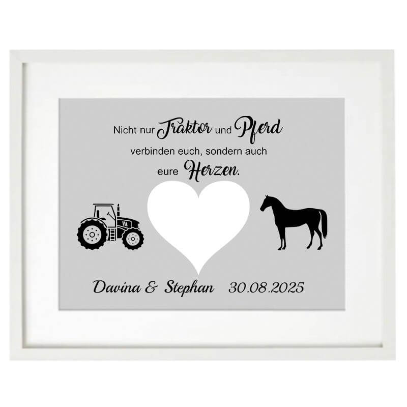 Bilderrahmen Hochzeit mit Herzausschnitt für Geldgeschenk, Motiv mit Traktor und Pferd, personalisiert mit Namen und Hochzeitsdatum, Geschenkidee zur Hochzeit