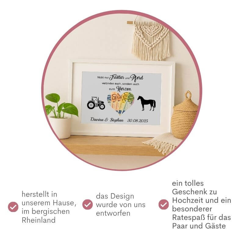 Personalisiertes Hochzeitsgeschenk mit Traktor und Pferd, Bilderrahmen mit Herzausschnitt für Geld, gefertigt im bergischen Rheinland, Design von Majas Geschenkewelt, tolles Geschenk zur Hochzeit und ein besonderer Ratespaß für das Paar und Gäste