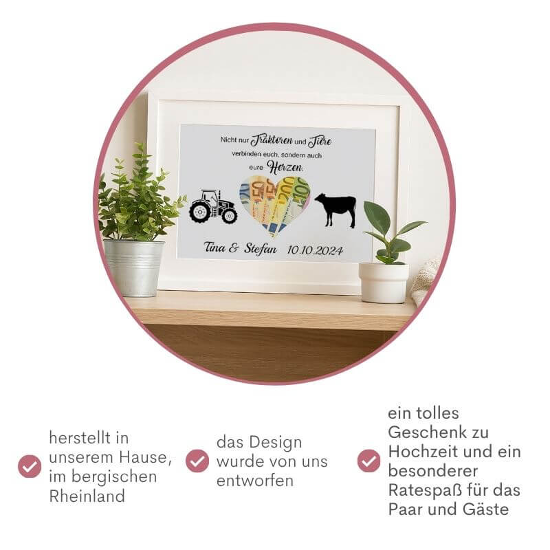Bilderrahmen mit Bauernhof-Motiv und ausgeschnittenem Herz, Spruch „Nicht nur Traktoren und Tiere verbinden euch“, hergestellt im bergischen Rheinland, personalisierbares Hochzeitsgeschenk, Geldgeschenk zur Hochzeit