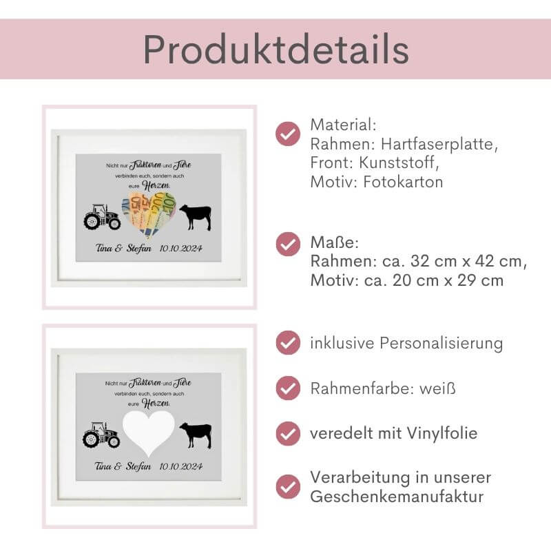 Produktdetails Bilderrahmen Hochzeit „Traktor und Tiere“: Material: Rahmen: Hartfaserplatte, Front: Kunststoff, Motiv: Fotokarton, Maße: Rahmen: ca. 32 cm x 42 cm, Motiv: ca. 20 cm x 29 cm, inklusive Personalisierung, Rahmenfarbe: weiß, veredelt mit Vinylfolie, Verarbeitung in unserer Geschenkemanufaktur