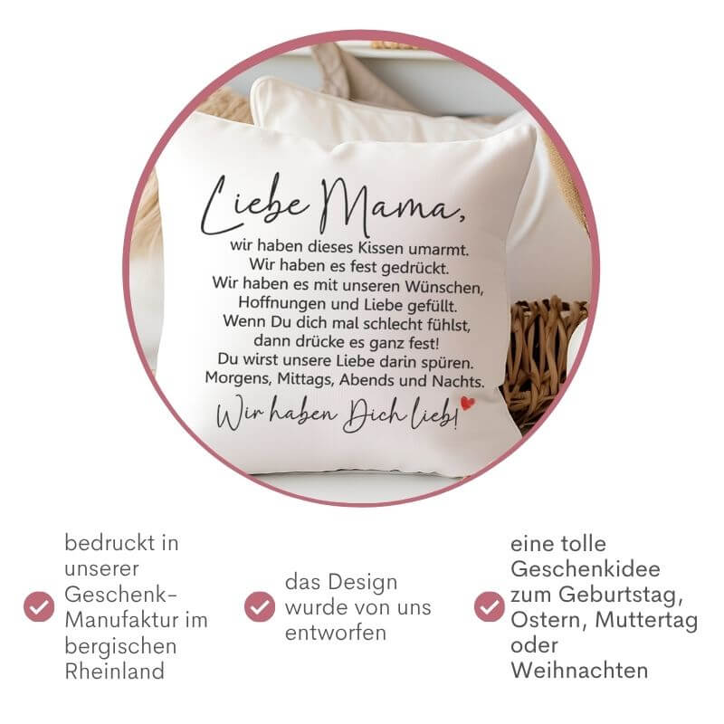 Kissen „Liebe Mama“ mit Text in Wir-Form, liebevoll fotografiert in hellem Wohnambiente – Geschenkidee von Kindern an ihre Mutter.