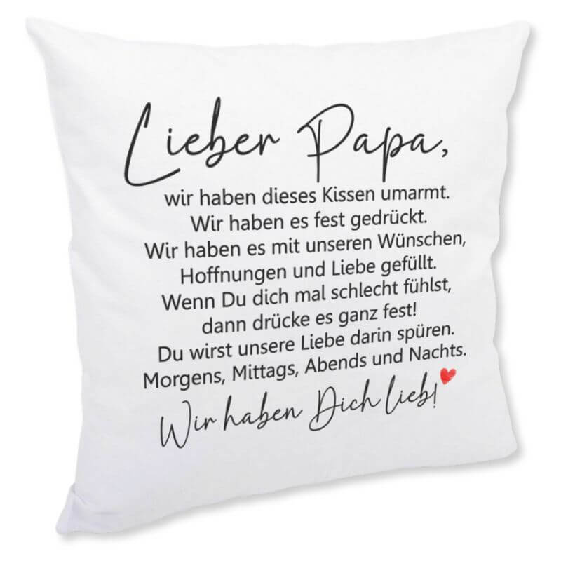 Flauschiges Kissen „Lieber Papa – Kissen umarmt“ in Wir-Form mit emotionalem Spruch auf weißem Bezug.