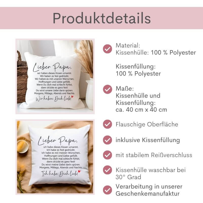 Detailübersicht der Kissenvarianten für Opa: Material: Kissenhülle: 100 % Polyester, Kissenfüllung: 100 % Polyester, Maße der Kissenhülle und Kissenfüllung: ca. 40 cm x 40 cm, flauschige Oberfläche, inklusive Kissenfüllung, mit stabilem Reißverschluss, Kissenhülle waschbar bei 30 Grad, Verarbeitung in unserer Geschenkemanufaktur. Links daneben 2 Bilder: Varianten Ich-Form und Wir-Form nebeneinander.