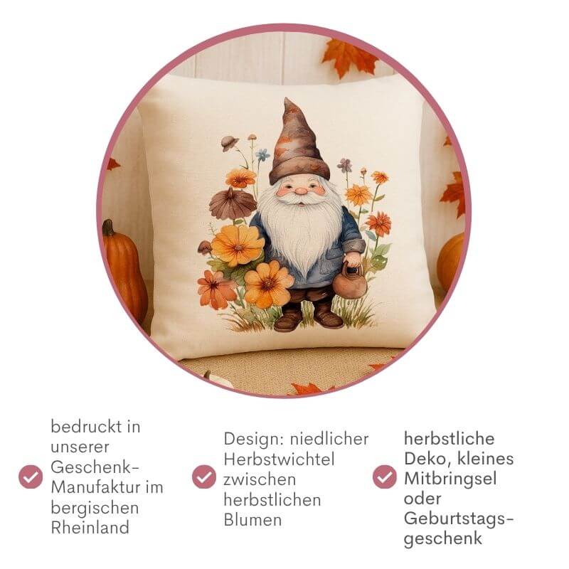 Leinenkissen mit Wichtelmotiv – bedruckt in unserer Geschenkmanufaktur im bergischen Rheinland, herbstliche Deko oder kleines Geschenk.