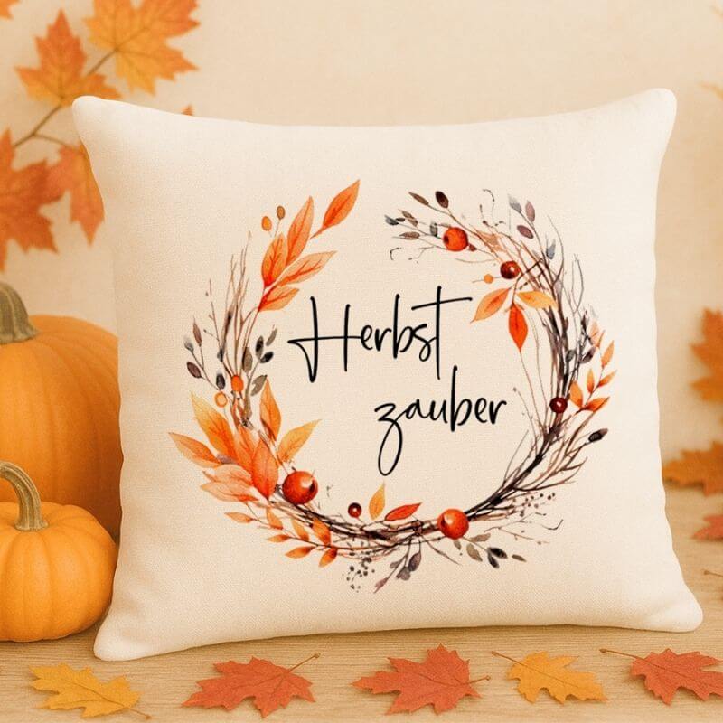 Dekokissen Herbstzauber mit herbstlichem Kranzmotiv aus Blättern und Beeren – Leinenkissen auf herbstlicher Tischdeko mit Kürbissen und bunten Blättern.