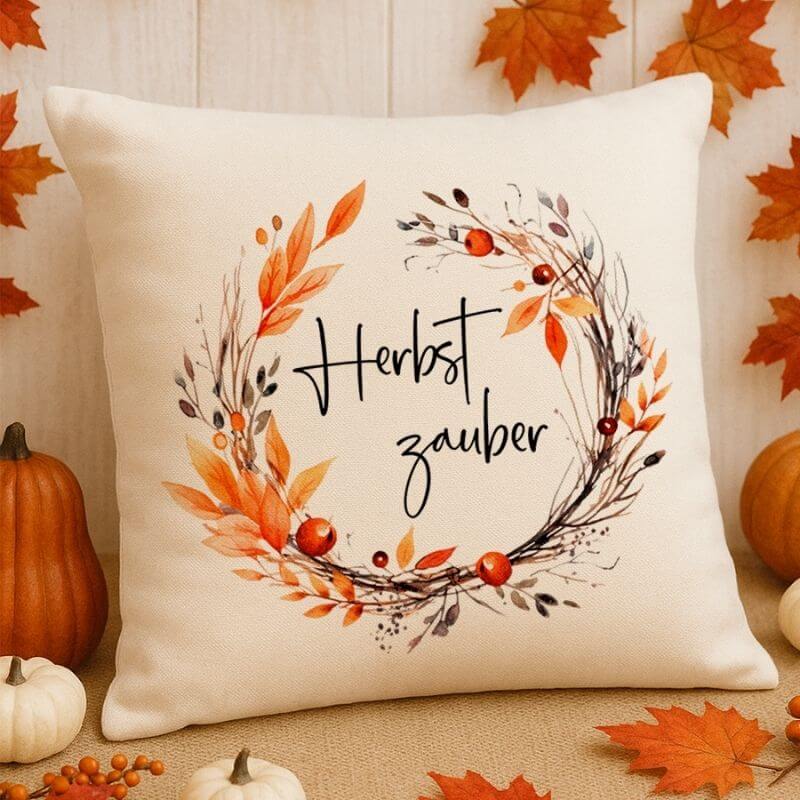 Herbstliches Zierkissen Herbstzauber mit Kranz aus orangefarbenen Blättern und Beeren – gemütliche Deko mit Kürbissen und Blättern im Hintergrund.