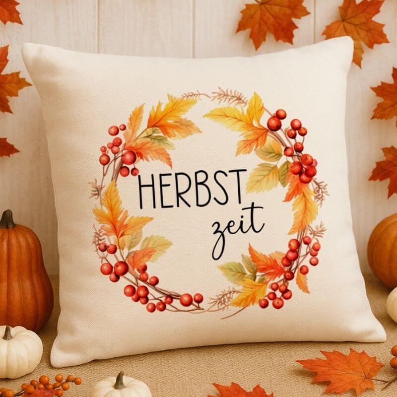 ierkissen „Herbstzeit“ mit Blätter- und Beerenkranz auf naturfarbener Kissenhülle, dekoriert mit Kürbissen und Herbstlaub