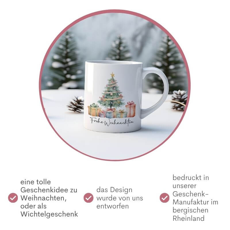 Weihnachtstasse mit Watercolor-Weihnachtsbaum und Geschenken, mit Hinweis auf Geschenkidee zu Weihnachten und Herstellung in der Geschenkemanufaktur im bergischen Rheinland.
