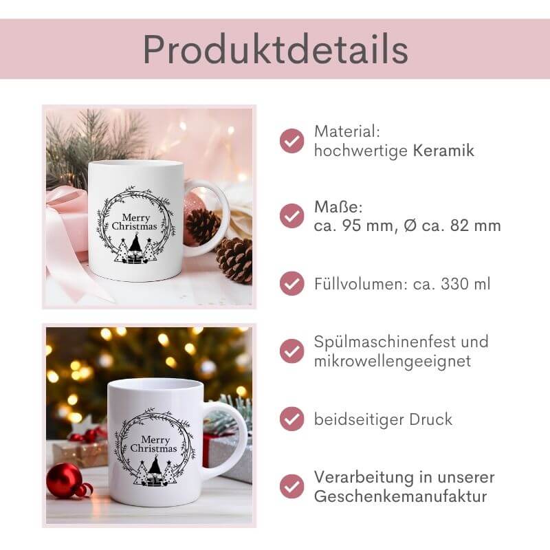 Weihnachtstasse mit Gnome-Design und Aufschrift "Merry Christmas", daneben Angaben zur Weihnachtstasse: Material: hochwertige Keramik, Maße: ca. 95 mm, Durchmesser: ca. 82 mm, Füllvolumen: ca. 330 ml, Handwäsche empfohlen, beidseitiger Druck, Mikrowellengeeignet, Verarbeitung in unserer Geschenkmanufaktur