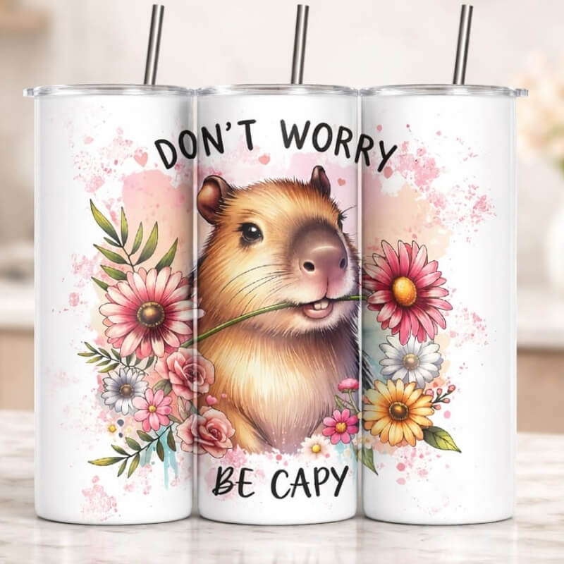 Capybara Thermobecher „Don't Worry Be Capy" mit buntem Blumenmotiv im Sublimationsdruck, auf einer Marmorplatte, mit Edelstahl-Strohhalm – handgemachtes Geschenk von Majas Geschenkewelt