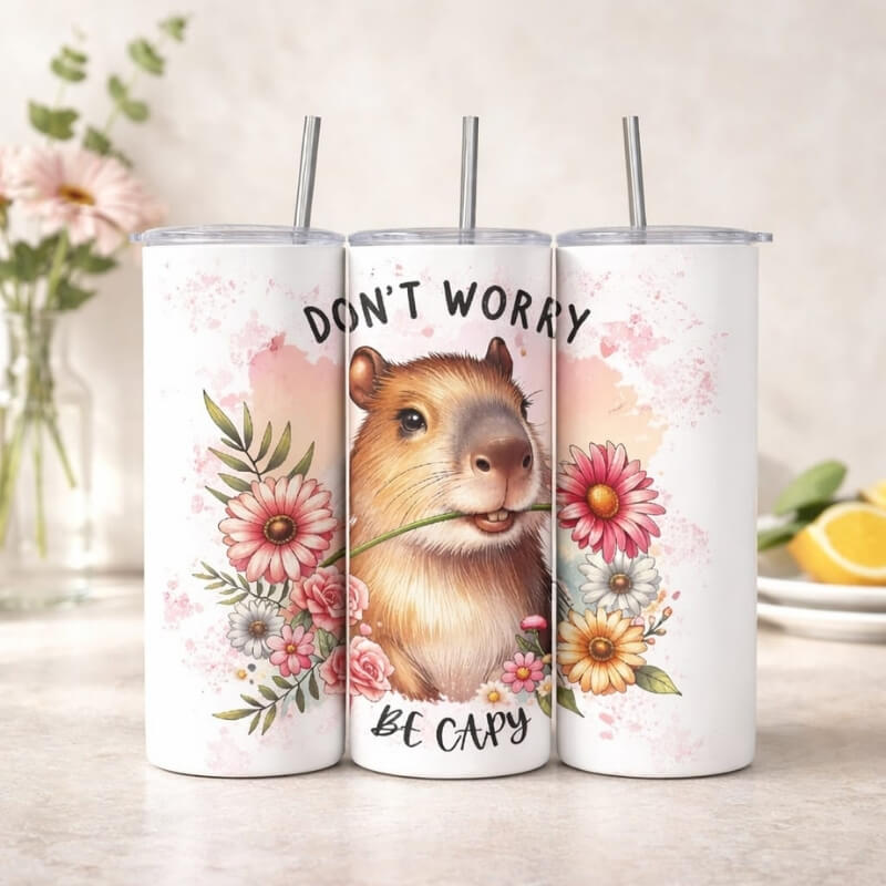 Drei schlanke Edelstahl-Thermobecher mit niedlichem Capybara- und Blumen-Design, Schriftzug „Don't Worry Be Capy", veredelt per Sublimationsdruck in der Geschenkemanufaktur Majas Geschenkewelt