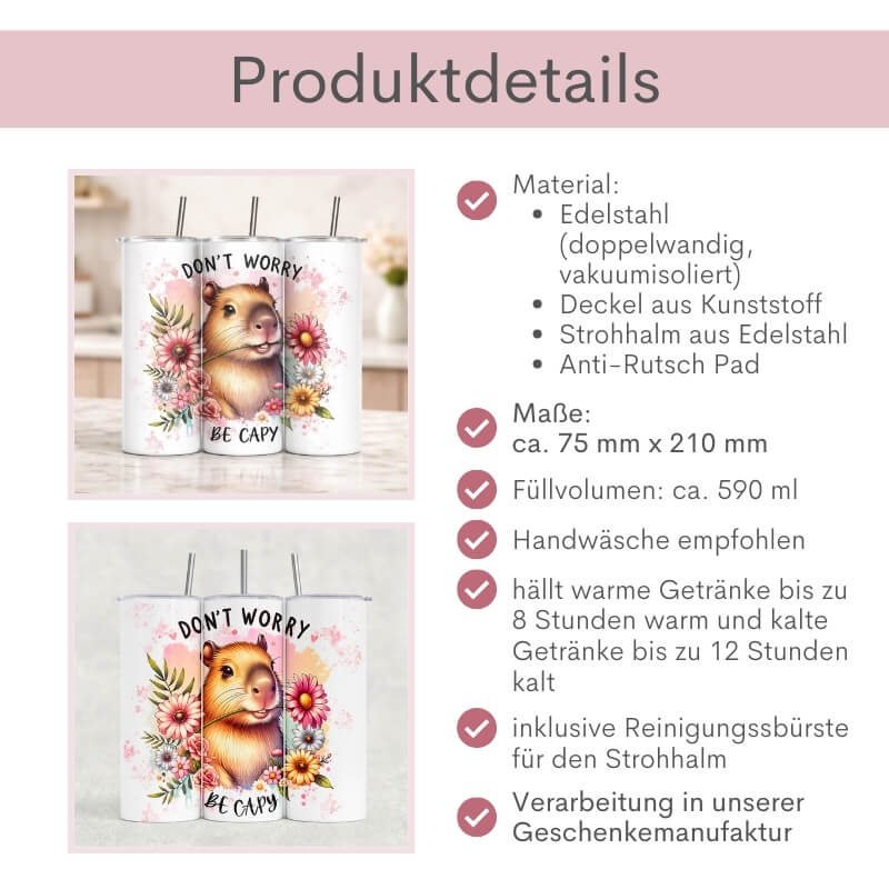 Produktdetails des Capybara-Thermobechers von Majas Geschenkewelt: doppelwandiger Edelstahl, ca. 590 ml, 75 x 210 mm, hält Getränke bis zu 8 Stunden warm und 12 Stunden kalt, inklusive Kunststoffdeckel, Edelstahl-Strohhalm und Reinigungsbürste