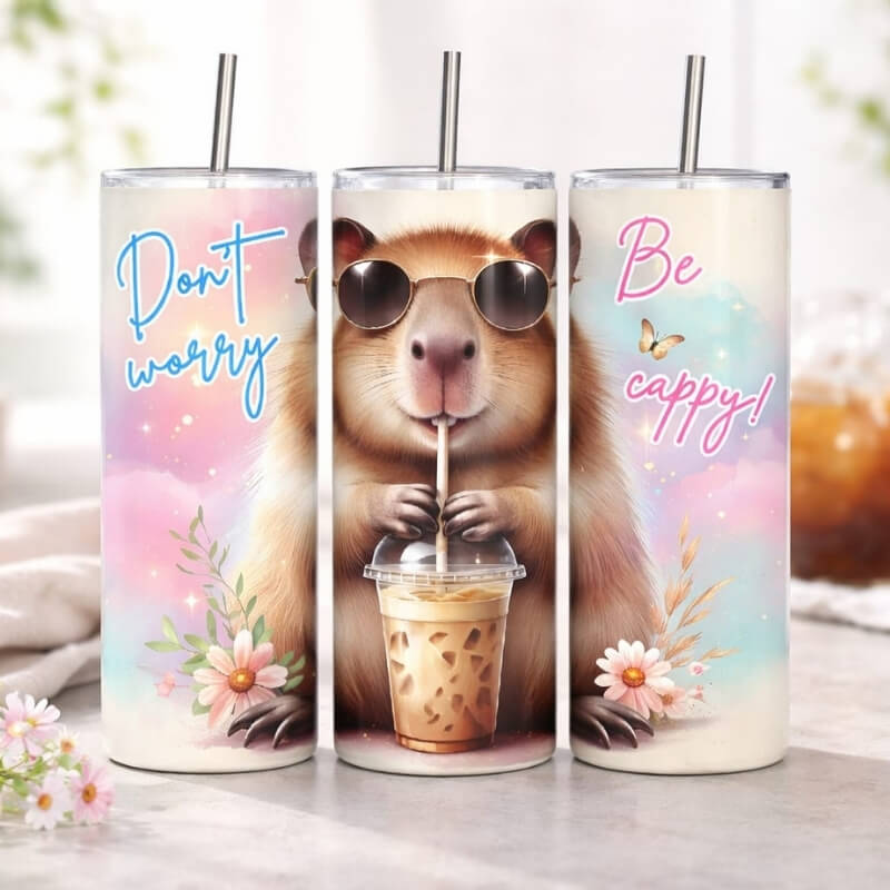 Capybara Thermobecher „Don't worry, be cappy!" auf hellem Marmortisch – doppelwandiger Edelstahl-Tumbler mit Edelstahlstrohhalm, buntes Design in Pink und Türkis mit witzigem Capybara-Aufdruck – lustiges Geschenk für Capybara-Fans