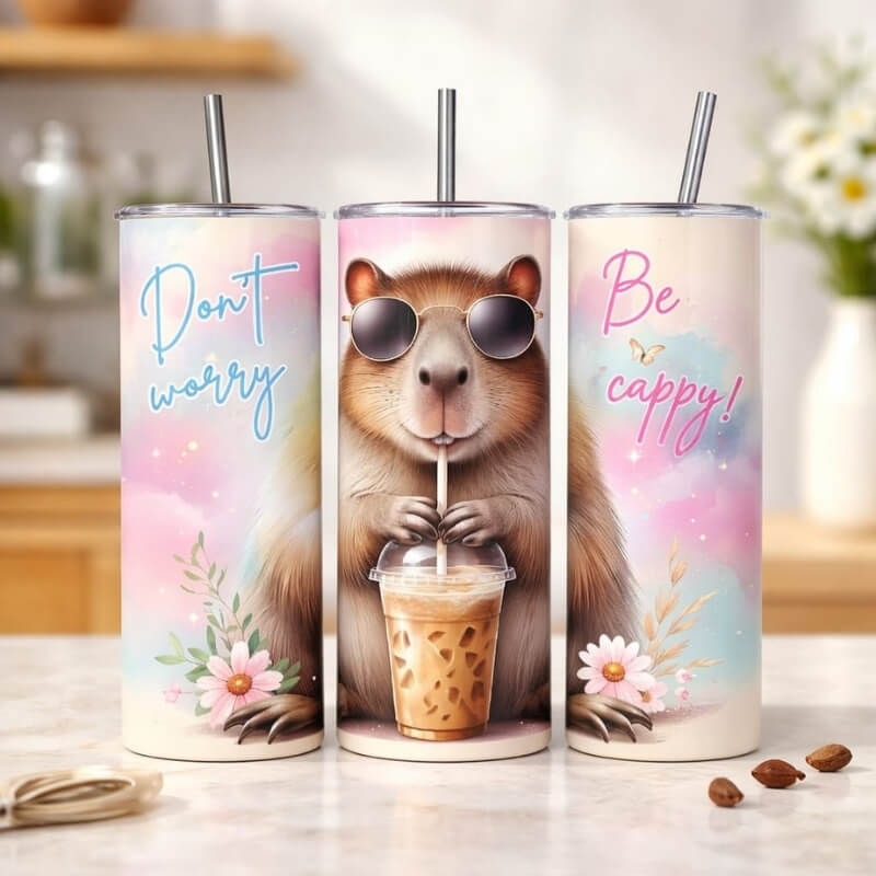 Thermobecher mit Capybara-Motiv in Küchenumgebung – „Don't worry, be cappy!" Aufdruck mit Sonnenbrille-Capybara und Eiskaffee, verspieltes Design in Pink und Türkis mit Blumen – handgefertigtes Geschenk aus der Geschenkemanufaktur im Rhein-Sieg-Kreis