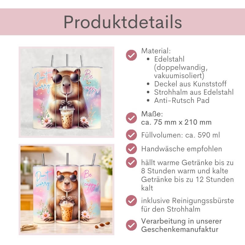 Produktdetails Capybara Thermobecher: doppelwandiger vakuumisolierter Edelstahl, ca. 75 x 210 mm, 590 ml Füllvolumen, Kunststoffdeckel, Edelstahlstrohhalm mit Reinigungsbürste, Anti-Rutsch-Pad – hält Getränke bis zu 8 Stunden warm und 12 Stunden kalt
