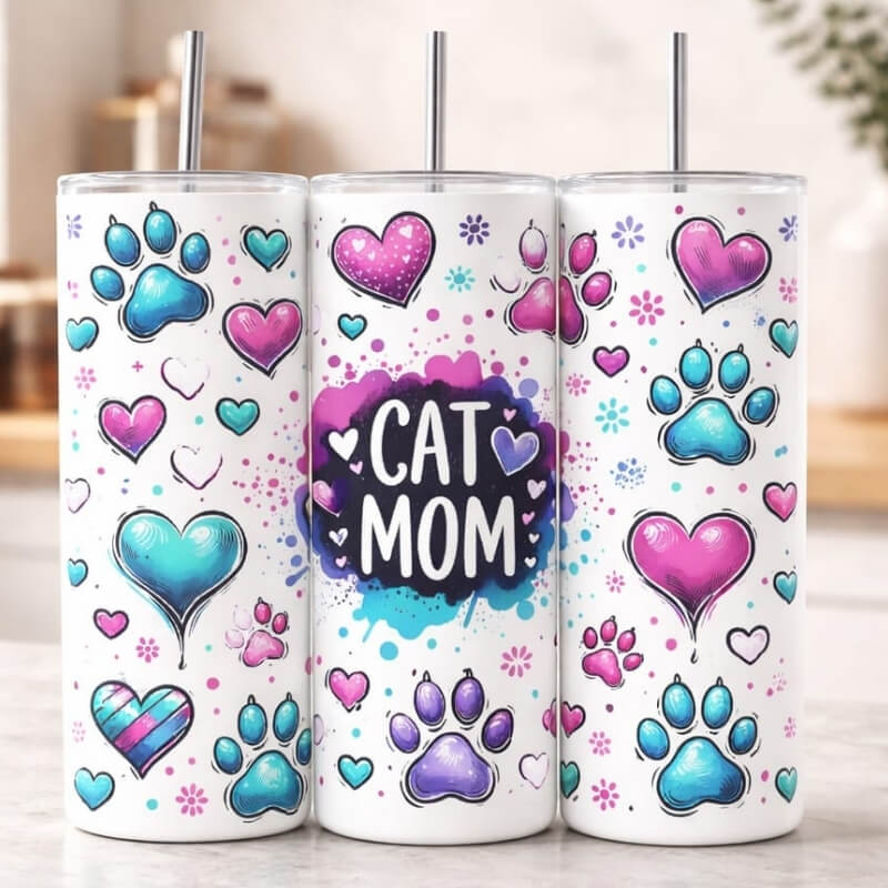 Cat Mom Edelstahl-Tumbler mit Strohhalm, auf einer Marmorarbeitsplatte in der Küche – weißer Thermobecher mit handgezeichnetem Katzenpfoten- und Herzmuster in Pink und Türkis, Aufdruck „Cat Mom" – personalisiertes Geschenk für Katzenliebhaber von Majas Geschenkewelt