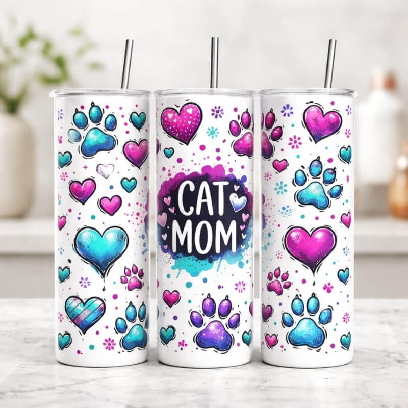 Drei Ansichten des Cat Mom Tumblers von Majas Geschenkewelt auf einer Marmorplatte – doppelwandiger Edelstahl-Thermobecher mit buntem Katzenpfoten-Design in Lila, Pink und Blau sowie dem Schriftzug „Cat Mom" – schöne Geschenkidee für Katzenbesitzerinnen