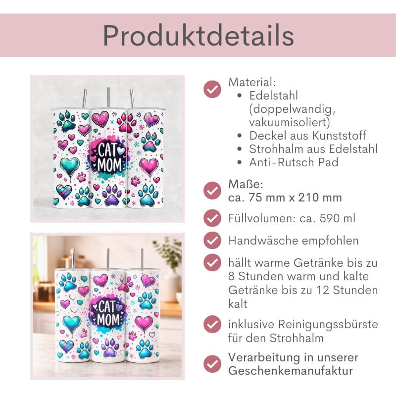 Produktdetails des Cat Mom Thermobechers: doppelwandiger vakuumisolierter Edelstahl-Tumbler, ca. 75 x 210 mm, 590 ml Füllvolumen, hält Getränke bis zu 8 Stunden warm und 12 Stunden kalt, inkl. Edelstahlstrohhalm und Reinigungsbürste – veredelt in der Geschenkemanufaktur Majas Geschenkewelt
