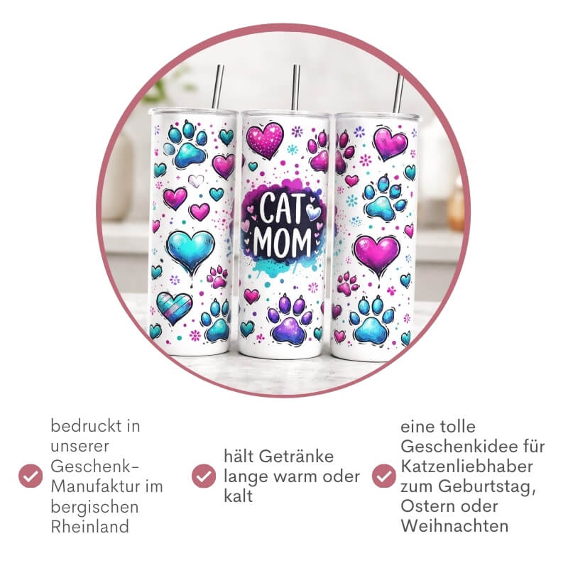 Cat Mom Thermobecher als Geschenkidee für Katzenliebhaber – Edelstahl-Tumbler mit Sublimationsdruck, bedruckt in der Geschenkemanufaktur Majas Geschenkewelt im bergischen Rheinland – ideal zum Geburtstag, zu Ostern oder Weihnachten