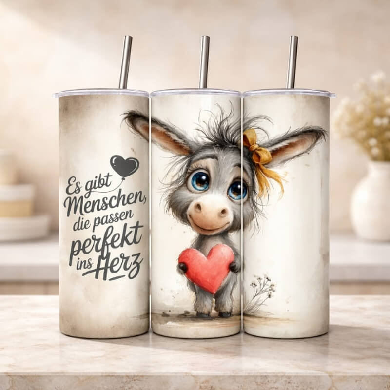 Thermobecher mit Esel-Motiv und Spruch, drei Ansichten auf Marmorunterlage in hellem Wohnambiente mit Edelstahlstrohhalm