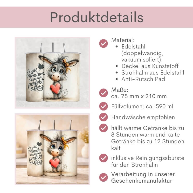 Produktdetails des Thermobechers mit Esel – Material, Maße, Füllvolumen und Verarbeitung in der Geschenkemanufaktur auf einen Blick