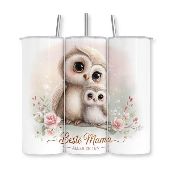 Thermobecher Beste Mama aller Zeiten mit süßem Eulenmotiv – Mama-Eule mit Baby-Eule und rosa Rosen, inkl. Edelstahlstrohhalm, Geschenk zum Muttertag