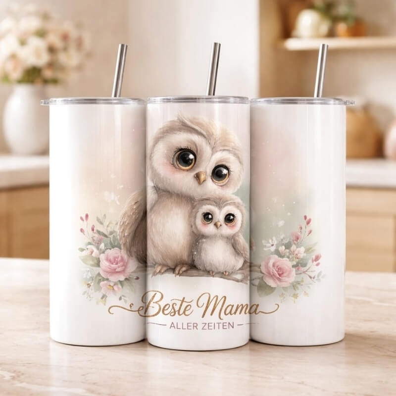 Thermobecher mit Eulen-Motiv „Beste Mama aller Zeiten" auf Marmorablage in heller Küche – doppelwandiger Edelstahlbecher mit Strohhalm, Geschenk für Mama