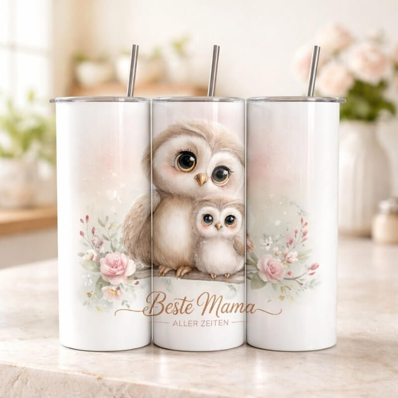 Edelstahl-Thermobecher „Beste Mama aller Zeiten" mit Eulen- und Blumenmotiv, vakuumisoliert mit Edelstahlstrohhalm – handgefertigtes Geschenk zum Muttertag oder Geburtstag
