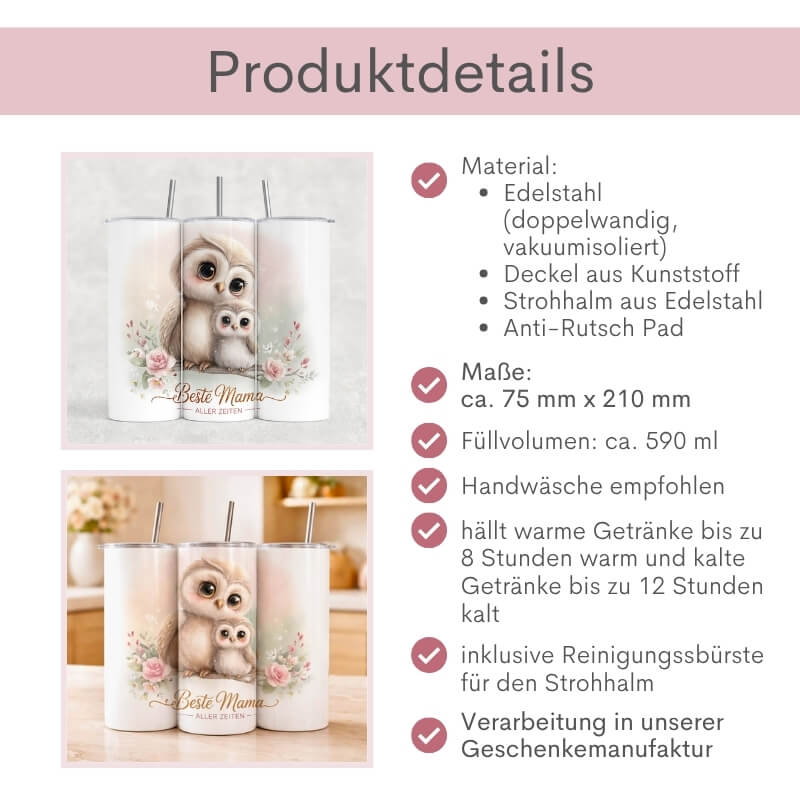 Produktdetails Thermobecher Beste Mama aller Zeiten: doppelwandiger Edelstahl vakuumisoliert, 590 ml, 75x210 mm, Kunststoffdeckel, Edelstahlstrohhalm mit Reinigungsbürste, verarbeitet in Majas Geschenkewelt