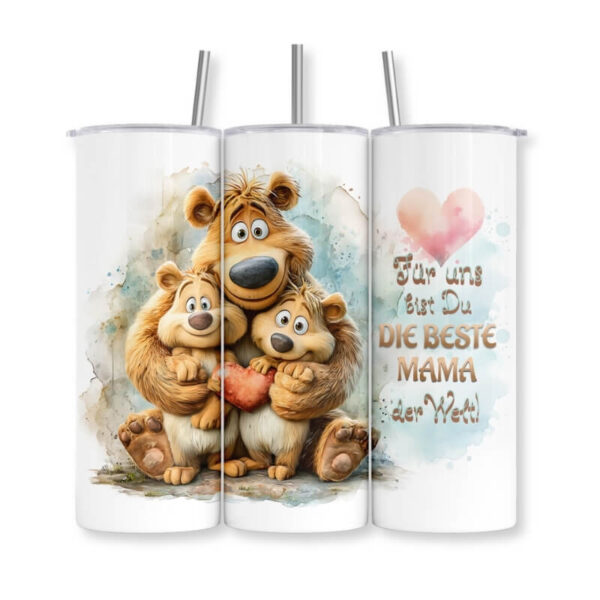 Edelstahl-Thermobecher mit Bären-Motiv, drei Ansichten: Mama-Bär umarmt zwei Jungbären mit Herz, Aufschrift „Für uns bist Du DIE BESTE MAMA der Welt" – Geschenk zum Muttertag von Majas Geschenkewelt